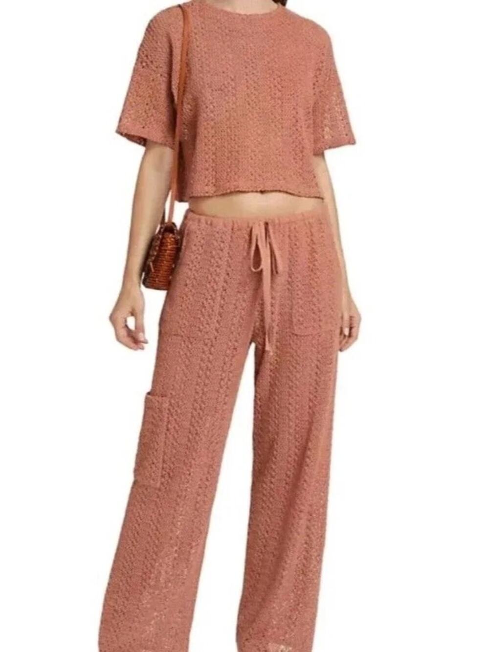 Splendid Crochet Wide Leg Set in Dusty Terracotta Pink Set Womens Size Medium